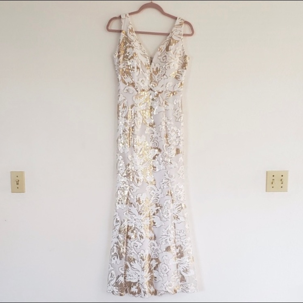 Beautiful Gold White Sequin Evening Bridal Gown